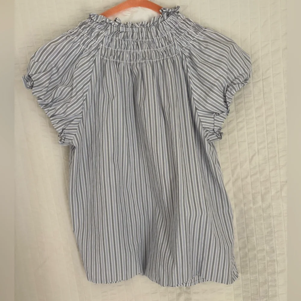 J. Crew Blue and White Striped Blouse with Ruffle Sleeves - Picture 2 of 3